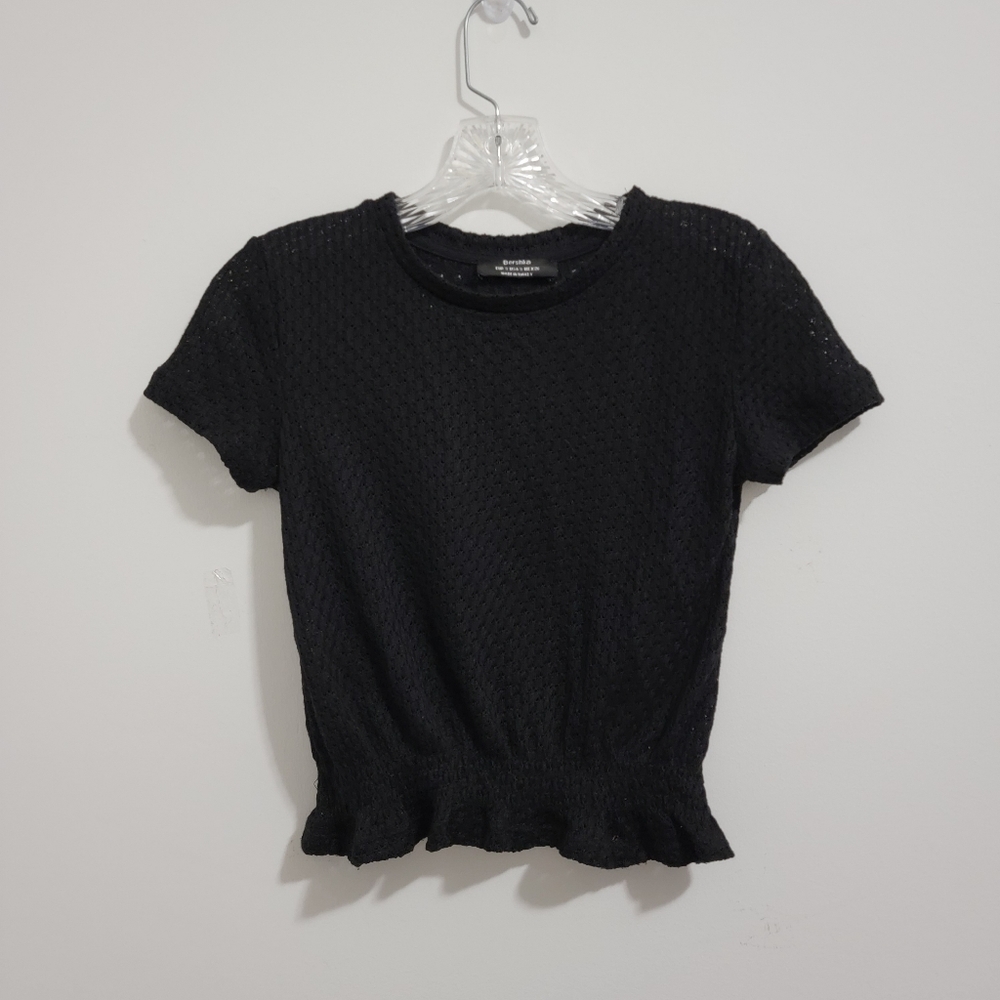 BERSHKA Black Knit Crop Top Elastic Waist Size Small